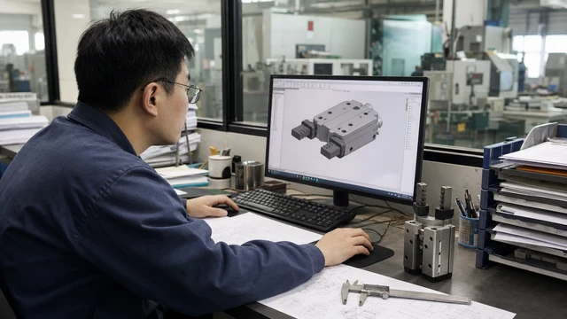 Chinese engineer reviewing product CAD and printed drawing requirements