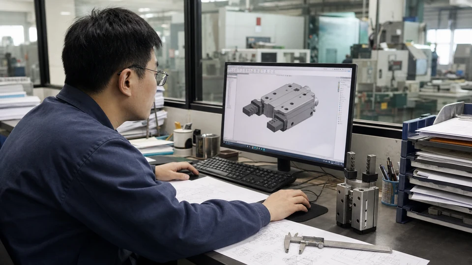 Chinese engineer preparing CAD and drawing context for an industrial component
