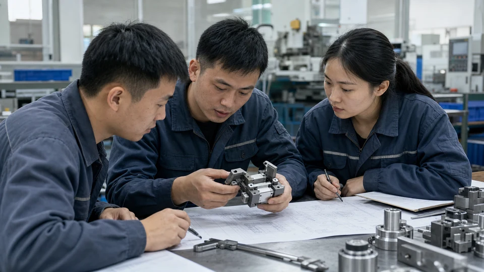 Engineering team reviewing a physical product and drawing for local market support