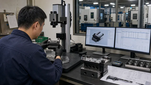 Chinese quality technician reviewing product information and inspection evidence at a working metrology station