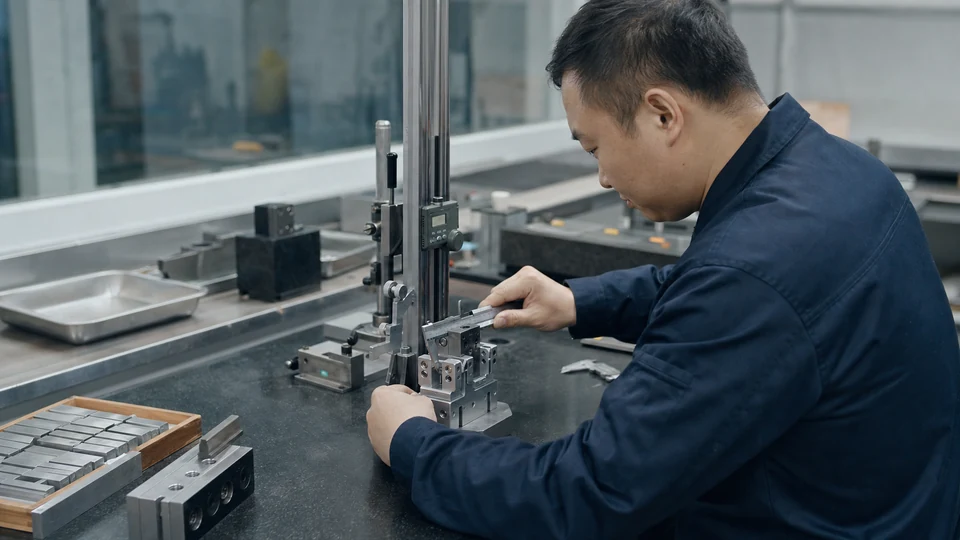 Technician checking a precision component in a working industrial environment