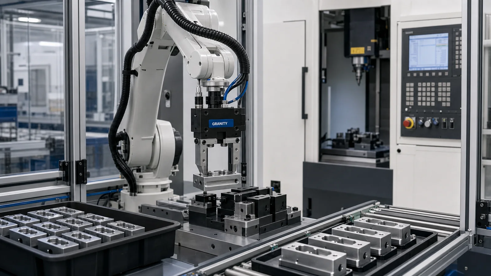 Robot loading and unloading application for industrial gripping modules