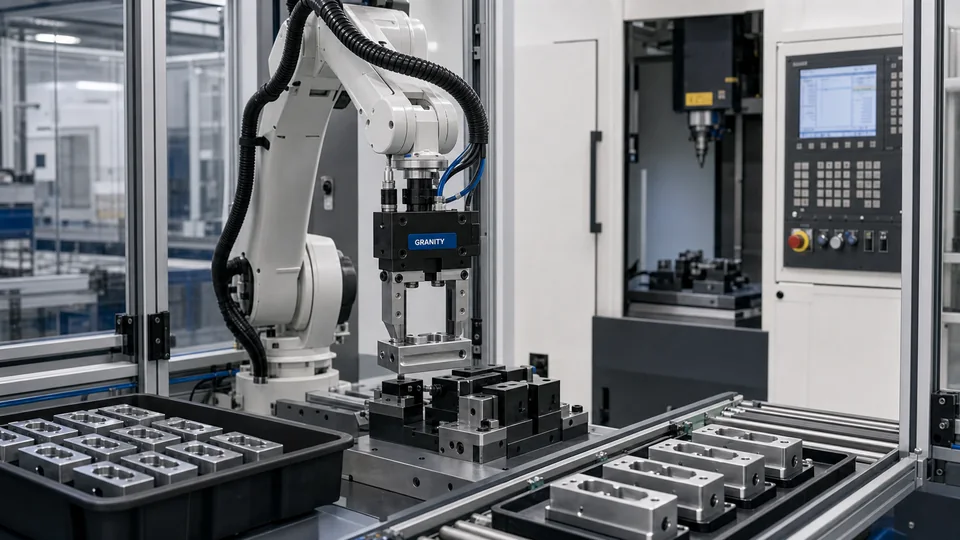 Robot loading cell with gripper, fixture and machined workpieces for automated production